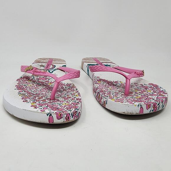 Ipanema Flip Flops Women 9 Bicycle Flower Print Sandals Pink White Bike Logo - Picture 9 of 10